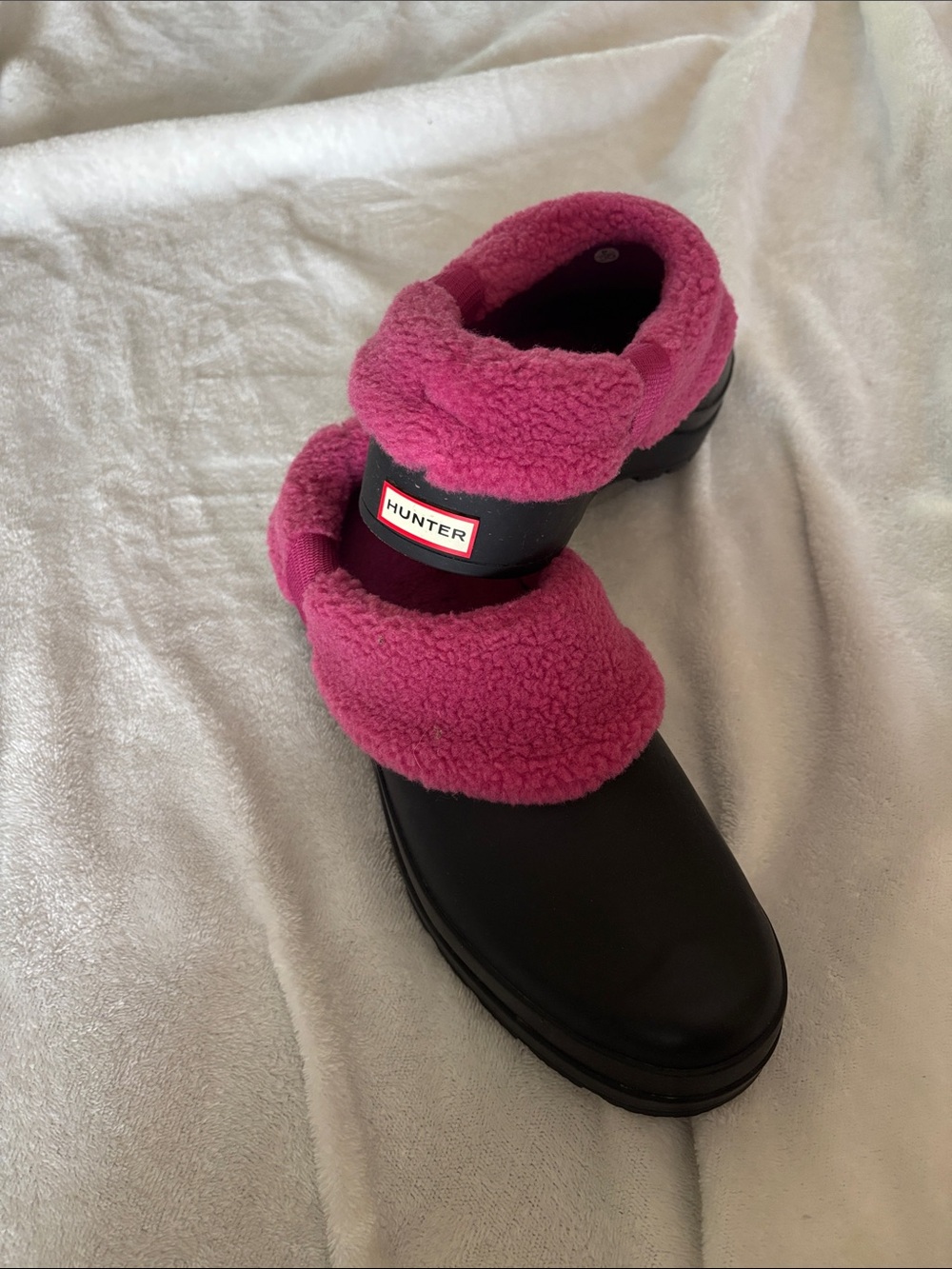 Hunter Women's Black Rain Clog with Pink Fleece Collar